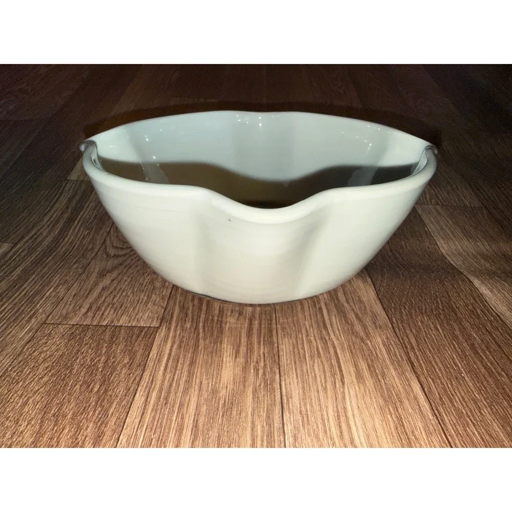 Handcrafted Signed Ceramic Scalloped Bowl White Blue Wave‎ Floral 7.5 Inch